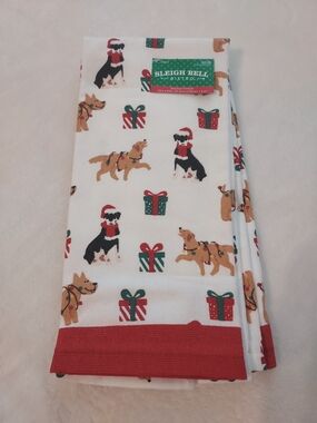Sleigh Bell Bistro Quirky Holiday Dog Print Kitchen Towels White & Red Trim